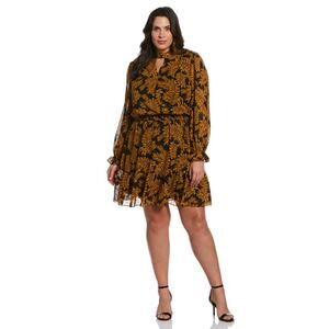 ELLA Rafaella Women Black Metallic Leaves Print Long Sleeve Dress Plus Size 2X